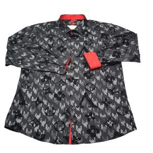 Chuxx Shirt Men XXL Black Geometric Italian Design Red Flip Cuff Button-Up